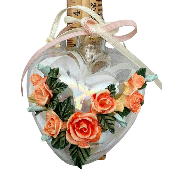 Decorative Ornaments Peach Glam Ribbon Lacy Frosted Ball Heart Roses Clear Glass - Picture 7 of 13